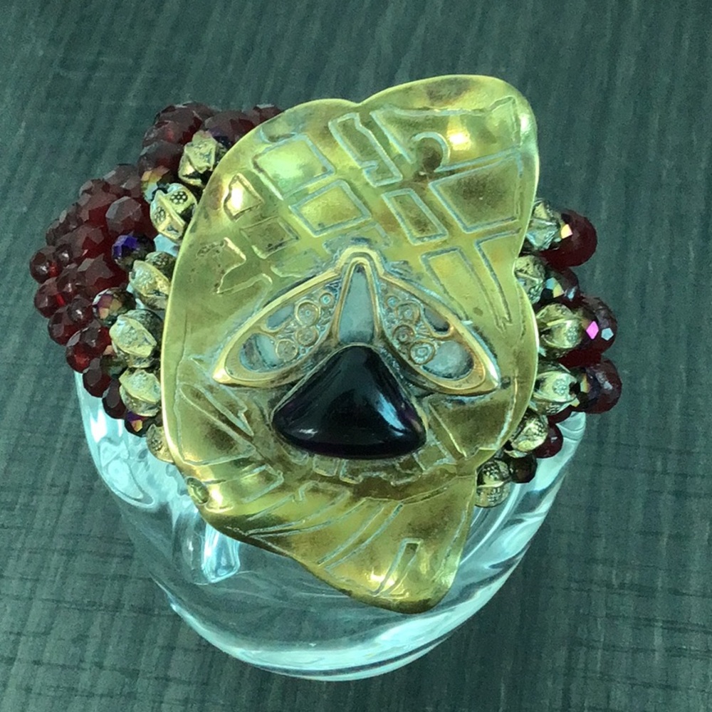 Art Deco Brass and Onyx center 6 row ruby red bead
